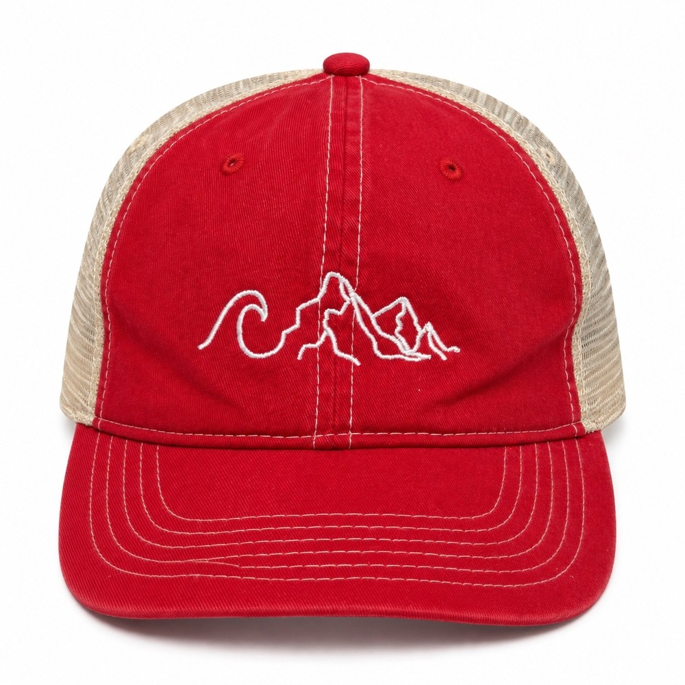 Comfort Colors Mens Red Tan Mountain Wave Embroidered Mesh Trucker Hat Snapback